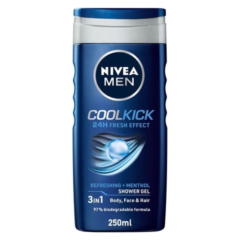 NIVEA MEN 3in1 Shower Gel Body Wash Cool Kick 24h Fresh Effect Masculine Scent 250ml