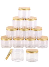 ALSAQER 12 Pieces (250ml) Spice Storage Empty Bottle Refillable Clear Jar/Food Container/Plastic Pet Jars/Cansister Plastic Bottle with Metal Gold Lids