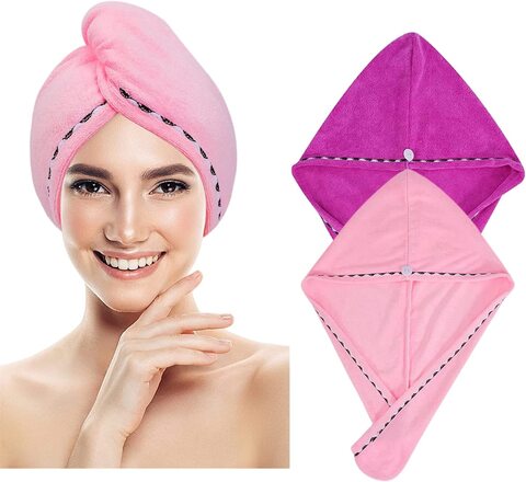 Buy Sky-Touch 2 Pack Hair Drying Towels, Microfiber Hair Dry Cap Absorbent Fast  Drying Hair Turbans With Elastic Loop And Button, Hair Towel Wrap Quick Dry  For Women Wet Hair (Pink, Rose