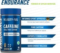 Applied Nutrition, Endurance Caffeine Capsules 100mg, Velocity-Fuel Pure Caffeine, Quick Energy Release, Increase Alertness, Concentration, Boost Endurance Performance, Veggie Capsules, 90 Servings