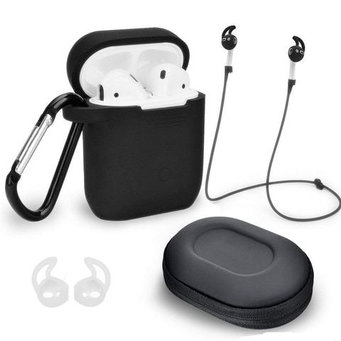 Ozone - 6 in 1 Airpods Travel Kit Waterproof Silicone Case with Keychain/Strap/Earhooks/Storage Box for Apple Airpod 2/1- Black