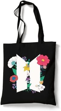 Reusable Eco-Friendly Black Cotton Canvas Tote Bag Shoulder Bag Bts Floral
