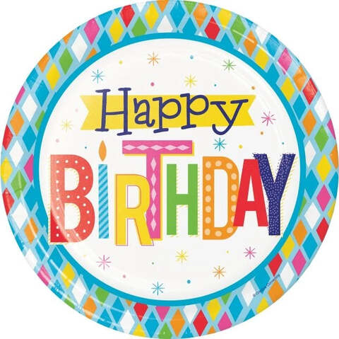 Creative Converting Bright Happy Birthday Dinner Plates 8-Pack- 8.75-Inch Diameter