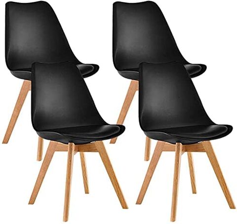 4 Piece Natural Wood Legs Mid Century Modern DSW Molded Shell Lounge Plastic Arm Chair for Living, Bedroom, Kitchen, Dining, Waiting Room (BLACK A)