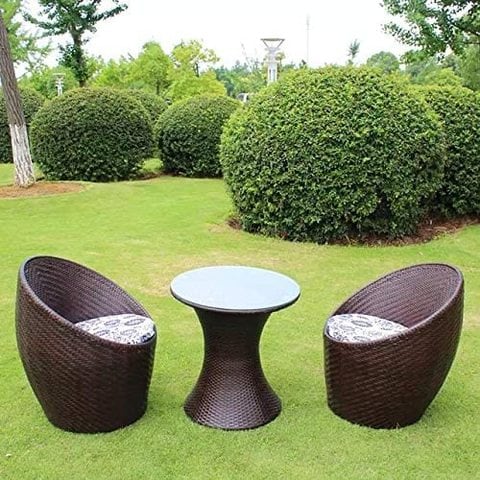 Ex Furniture Set 3 Piece Balcony Bird&#39;S Nest Rattan Chairs Cushion Glass Coffee Table Indoor/Outdoor Garden (Brown)