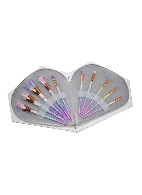 طقم مكون من 10 فرش بتصميم كريستال مع حقيبة مستحضرات تجميل فضي لامع  - 10-Piece Crystal Brush Set With Cosmetic Bag Metallic Silver