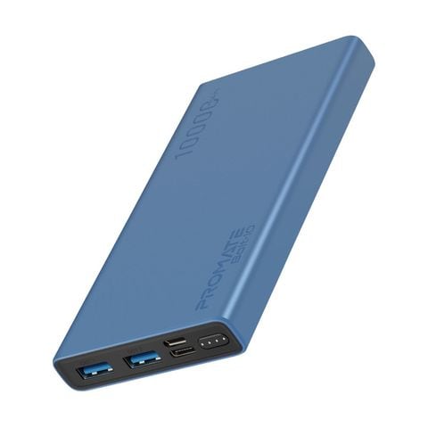 Promate - Bolt 10 10000mAh Portable Fast Charging 2.0A Dual USB Premium Battery Power Bank with Input USB Type-C Port Blue