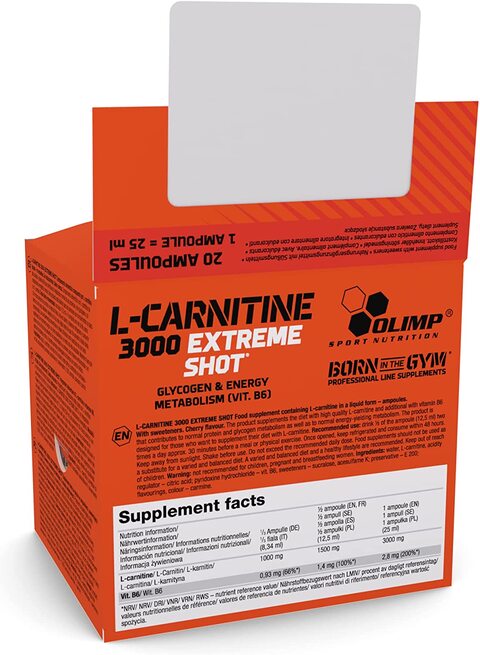Olimp Labs L-Carnitine 3000 Extreme Shots, Cherry Flavour, Pack of 20 Ampoules