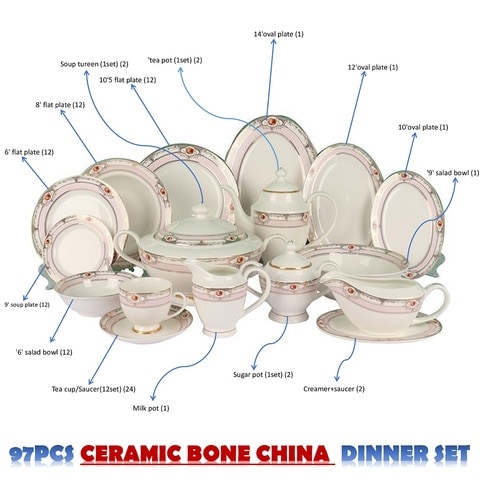 XIANGYU Dinner Set Porcelain Gold, 97pcs tea set; 10&#39;5 flat plate- (12) , 9&#39; soup plate- (12) 8&#39; flat plate- (12), 6&#39; flat plate- (12) &#39;6&#39; salad bowl- (12), &#39;tea pot (1set)- (1) Tea cup/Saucer(12set)