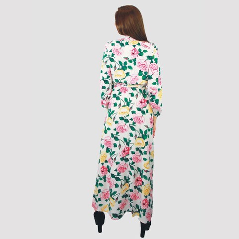 KIDWALA Size XL, Women&#39;S Long Dress, Floral Print With Front Tie Knot, Long Sleeves, Closed Neck, White Pink &amp; Green &amp; Yellow Vintage Dress