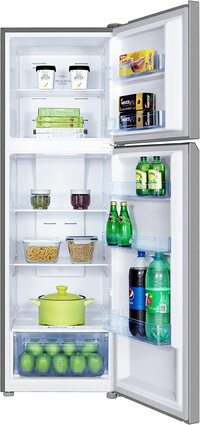 TCL 324 Liters Double Door Top Mount Refrigerator, Total No Frost Fridge &amp; Freezer With Powerful Interior LED Light And Large Crisper Drawer With Humidity Control, Inox, P324TMN
