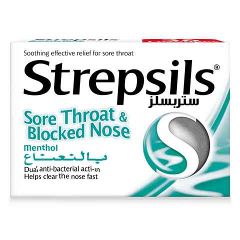 Strepsils Menthol Sore Throat &amp; Blocked Nose Dual Anti-Bacterial Action Fast Effective Relief from Sore Throats 24 Lozenges