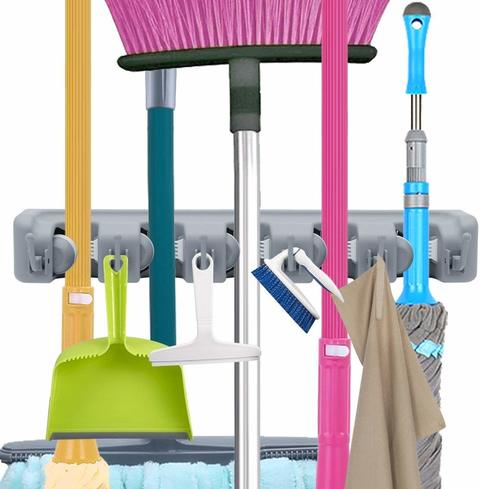 U.S. Solid Mop and Broom Holder, Wall Mounted, 4 Slots & 4 Hooks, Garden Tool Organizer, 20 Inches