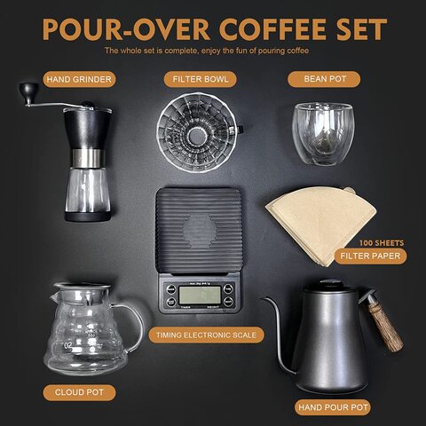 SKY-TOUCH Coffee Gift Set All in 1 Coffee Accessories Tools 7 Pcs with Portable Carry Case Stainless Gooseneck Kettle with Thermometer