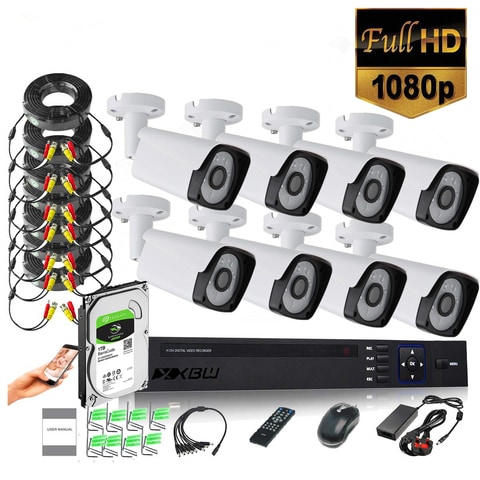 XBW - 8Channel CCTV security Kit 1080P/2.0MP 1920X1080 Camera 8CH Surveillance DVR kit with 8pcs 2.0mp 1080P Metal Outdoor Bullet Camera Alarm System&amp;P2P Home Security (8, 1TB HDD)