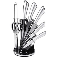 Kitchen Knife Set, 8 Pieces Professional Chef Knife Sets with Spinning Block, High Carbon Stainless Steel Kitchen Steak Bread Knives Set with Knife Sharpener Kitchen Shear Acrylic Block, Silver