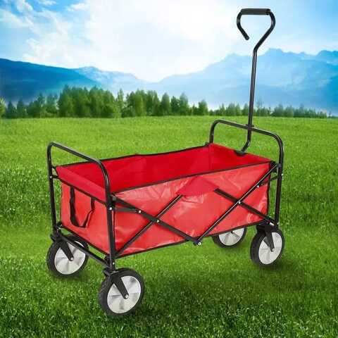 Folding Camping Cart Wagon - 4 Wheel Collapsible Beach Trolley, Portable Garden Camping Picnic &amp; DIY Waste Wagon Adjustable Rotary Handle - BLACK - RED - BLUE - GREEN (RED)