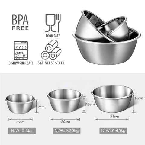 3x Mixing Bowls, Salad Bowl, Stainless Steel Small Medium and Large.