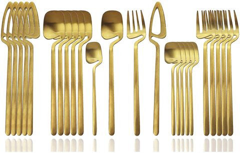 LIHAN Silverware Set Satin Finish 24-Piece Stainless Steel Flatware Set Kitchen Utensil Set Service for 6 Tableware Cutlery Set Dishwasher Safe ( Gold)