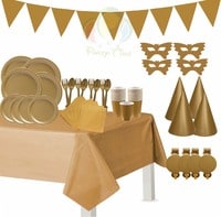 Party Time 110pcs Gold Party Supplies Disposable Paper Dinnerware Set Serves 12 guest Gold Paper Plates Napkins Cups Spoon &amp; Fork Hats Banner Table Cover Gold Party Sets for Wedding Birthday Graduatio