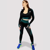 Kidwala Flux Set With Jacket - High Waisted Butt Lift Shaping Legging with Sports Bra with Thumb Hole Front Zipper Crop Jacket Tracksuit Workout Gym Yoga Outfit for Women (Large, Black &amp; Teal)
