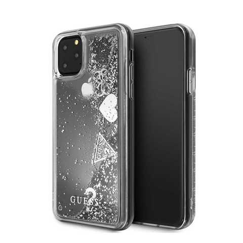 Guess - Apple iPhone 11 Pro Case, Glitter Hard Case Hearts, Compatible with Wireless Charger, Luxury and Full protection in one, Easy access to any Ports, CG Mobile Officially Licensed - Silver