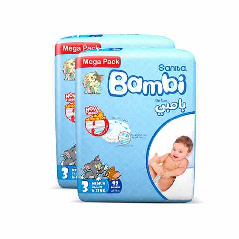 Sanita Bambi Baby Diapers Mega Pack Size 3  Medium  6-11 KG  92 Count twin pack