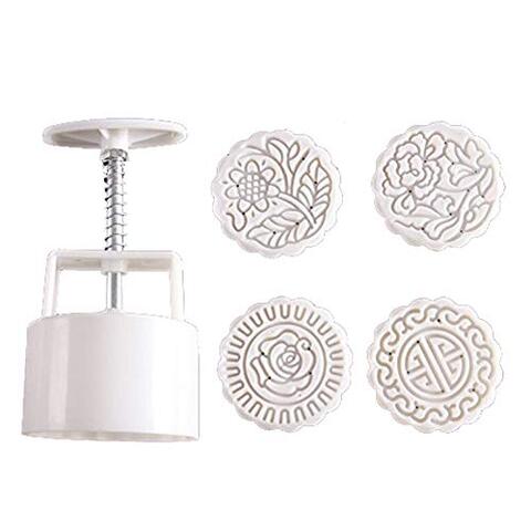 Generic Zicome Round Moon Cake Mold With 4 Stamps, Flowers Design, White