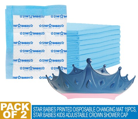 Star Babies Pack of 2 (15pcs Printed Disposable Changing Mats + Kids Crown Shower Cap)