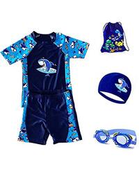 LoveyBeauty Boys 2 Piece Rash Guard Swimsuits Set with Swim Cap, Goggles, Storage bag 4 in 1 Swimmingware for boys 2 13years 6-7 years, Blue
