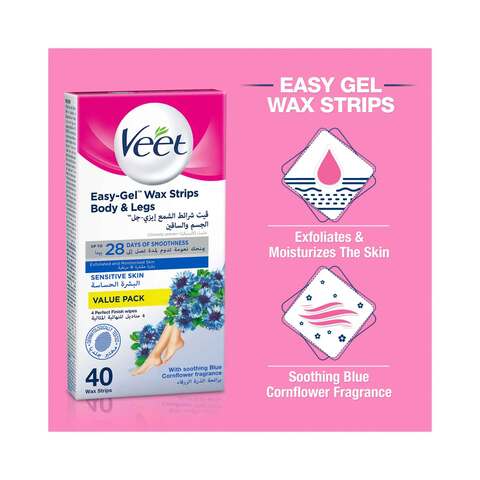 Veet Easy-Gel Wax Strips Body &amp; Legs for Sensitive Skin, With Soothing Blue Cornflower Fragrance, 40 Wax Strips