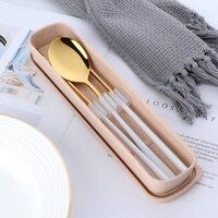 LIYING Portable Flatware Utensils Korean Style Tableware Fork, Spoon Chopsticks with Gift Case for Camping Picnic Office Lunch, Dark Green Gold