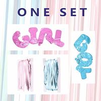 Gender Reveal Decoration Set - Metallic Fringe Curtains + Boy Girl Foil Balloons Gender Reveals Party Photo Backdrop - Pink/Blue
