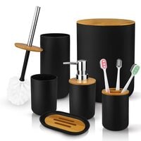 Mimelon 6-pcs Bathroom Accessory Set, Bamboo Black Bathroom Set Includes Toothbrush Cup &amp; Holder, Soap Dispenser, Soap Dish, Durable Toilet Brush With Holder - Modern Trash Can (Matte Black)