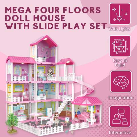 Fitto 11 Rooms dollhouse Playset Toddler Pink Dream 3 storey colorful house With 2 Dolls 2 Dogs Furniture Toy Accessory Toys Set for Age 3 9