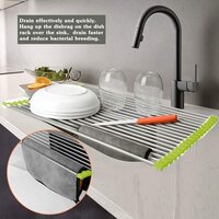 GulfDealz Kitchen Foldable Multipurpose Dish Drainer Over the Sink, Roll Up Dish Drying Rack(37x28 cm), Stainless Steel Material, Dish Holder, Kitchen Accessories, Model No. KDR001 - Green
