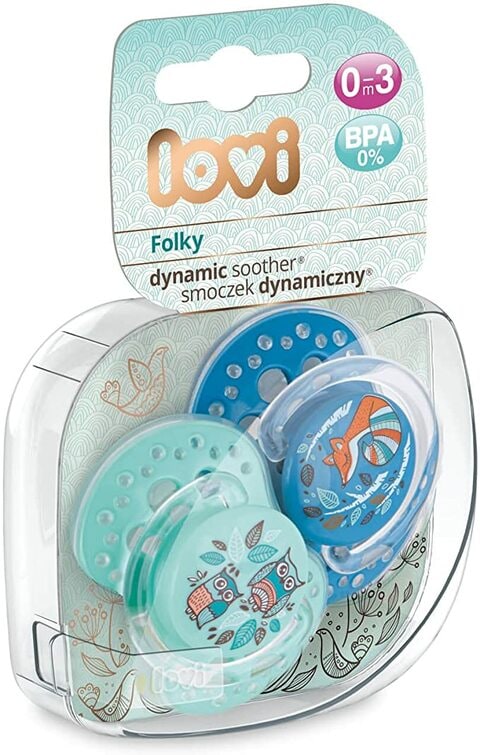 Lovi 2X Baby Silicone Soother | Pack Of 2 | Hygenic Cover | Soothing Effect | Protects The Sucking Reflex | Dynamic Tip | Folky Collection| (Blue, 0-3 Months)