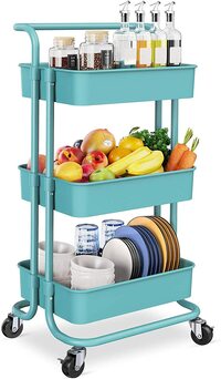 3-Tier Rolling Utility Carts Trolley Storage Cart with Handle Multifunctional Organization Cart with Brake Caster Wheels Kitchen Shelf Multifunctional Storage Rack with Net Basket Mass (Green)