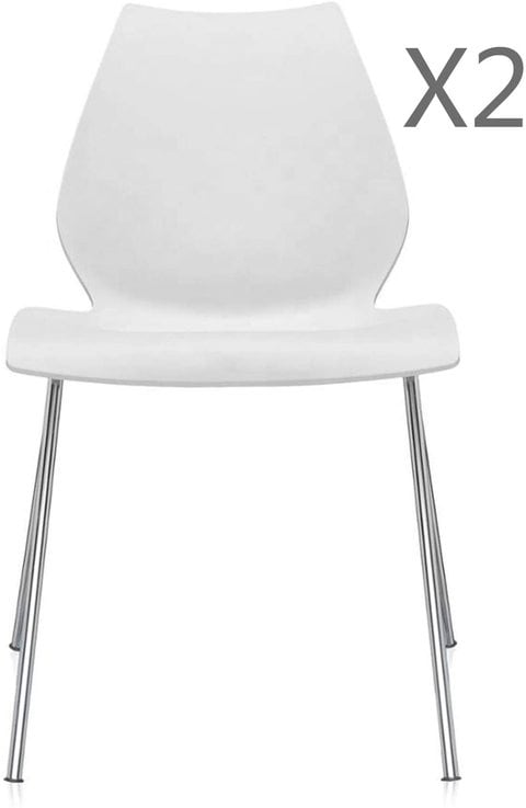 LANNY Set of 2 Plastic Stackable Chair 036a WHITE Metal leg Outdoor/Indoor Outside/Inside Water/Sun Proof Fast Food Steel Party Restaurant Kitchen Events Office Conference Meeting Room Leisure Dining Furniture