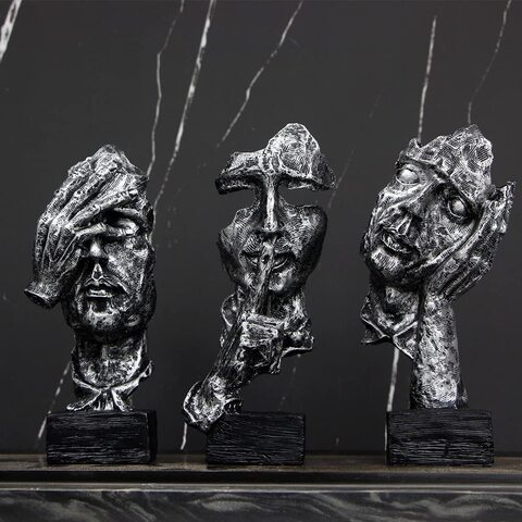 LINGWEI Thinker Face Statue Desktop Thinker Statue Sculpture Figurines Abstract Art Silence Is Golden Series Creative Desk Decorations Hand &amp; Face Desk Statues Silver