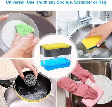 Doreen 2-in-1 Sponge Rack Shelf Soap Detergent Dispenser Pump Large Capacity with Sponge 1 Hand Operation (A, 5.1X3.35X3.5 Inches)