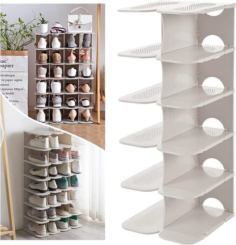 Assembly 6 Layers Stackable Shoe Rack Stand, Adjustable Shoe Shelf for Entryway, Hallway, Closet(White)