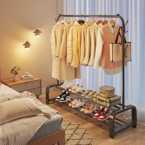 Metal Garment Racks Heavy Duty Indoor Bedroom Cool Clothing Hanger with Top Rod and Lower Storage Shelf(black s2)