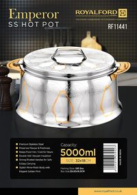 Royalford 5000ml Emperor Stainless Steel Hotpot- Rf11441 Firm Twist Lock To Keep Food Fresh For Long, Silver And Golden