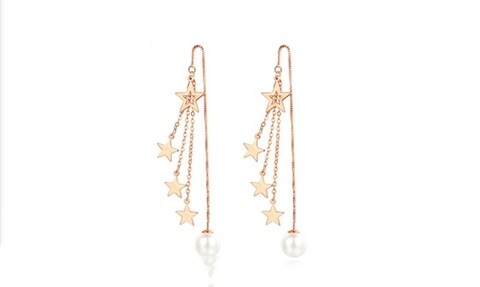 J&amp;J Tassel five-pointed star earrings, stud earrings, long Korean rose gold earrings