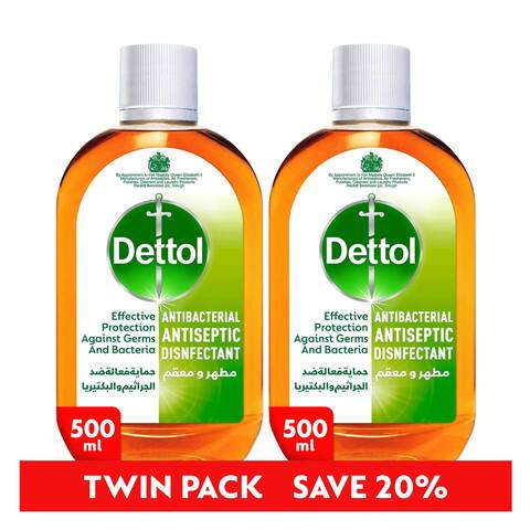 Buy Dettol Antiseptic Antibacterial Disinfectant Liquid for effective Germ Protection  Personal Hygiene, Can be used for Surface cleaning, bathing and laundry, 500ml, Pack of 2 in Saudi Arabia