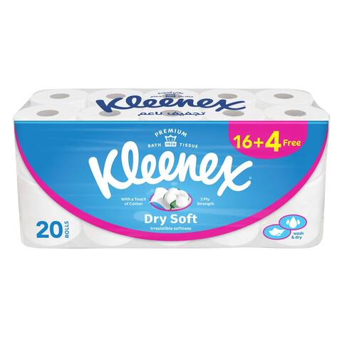 Buy Kleenex Dry Soft Toilet Tissue Paper, 2 PLY, 20 Rolls x 200 Sheets, Embossed Bathroom Tissue with a Touch Of Cotton in Saudi Arabia