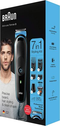 Braun MGK 3245 All-in-one Trimmer 7-in-1 Beard Trimmer, Hair Clipper, Detail Trimmer, Rechargeable, with Gillette ProGlide Razor, Black/Blue