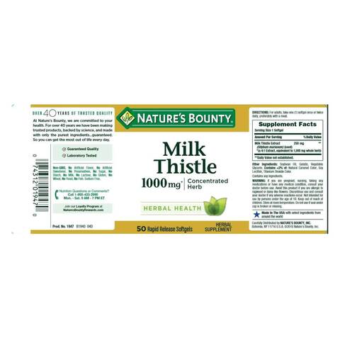 Natures Bounty Concentrated Herb Milk Thistle 1000mg Daily Supplement 50 Softgels