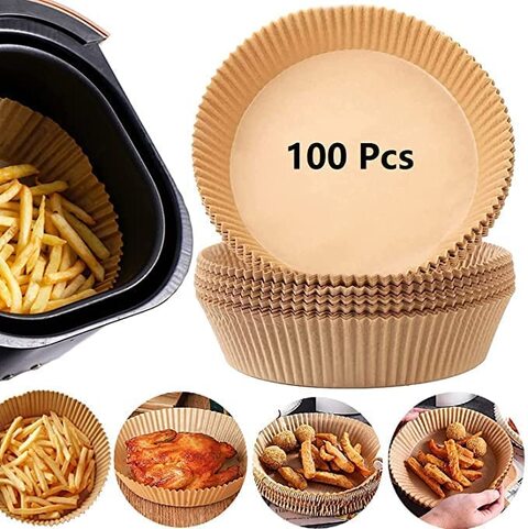 SHOWAY 100PCS Air Fryer Disposable Paper Liner, Non-stick Disposable Air Fryer Liners, Baking Paper for Air Fryer Water-proof, Oil-proof, Parchment for Baking Roasting Microwave (16cm, Nature)